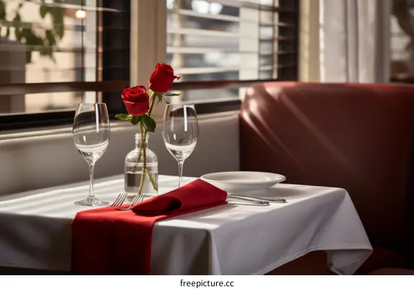 Romantic dinner table with wine and roses