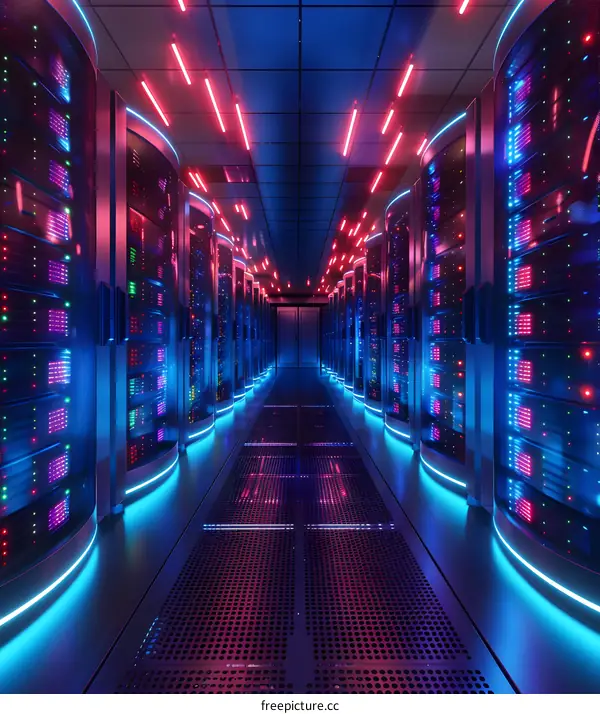 Futuristic Sci-Fi Server Room With Glowing Neon Lights