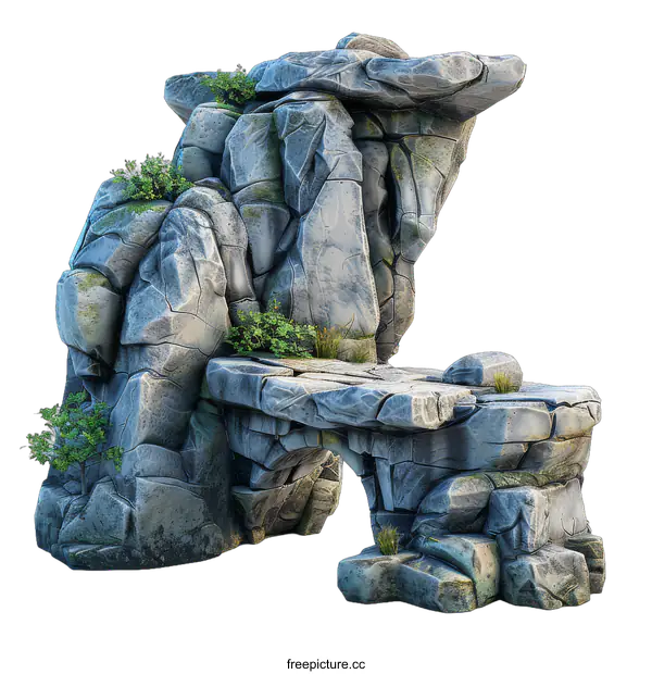 [Transparent Background PNG]Large Rock Formation with Plants