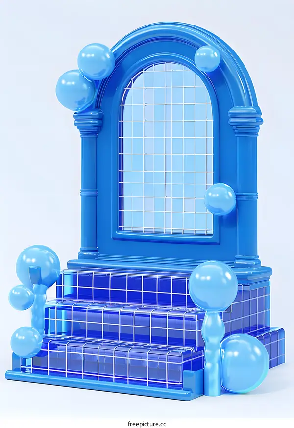 Blue Archway with Steps and Balloons 3D Rendering