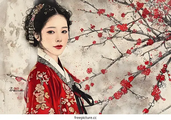 Elegant Korean Woman in Hanbok amidst Red Plum Blossoms