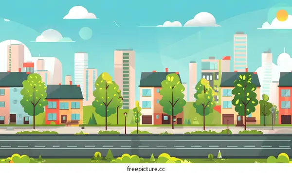 Cartoon Cityscape with Street and Green Trees