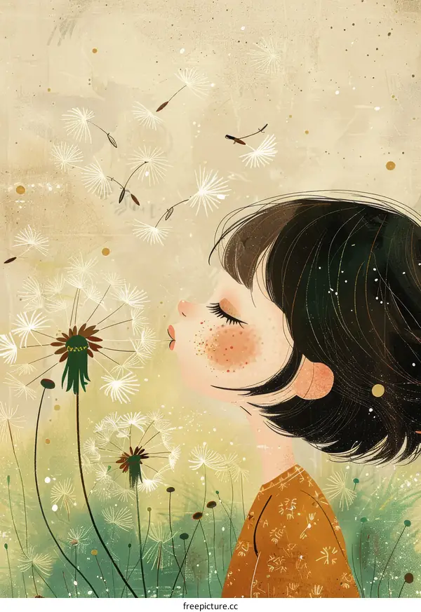 Little Girl Blowing Dandelion Seeds in a Meadow