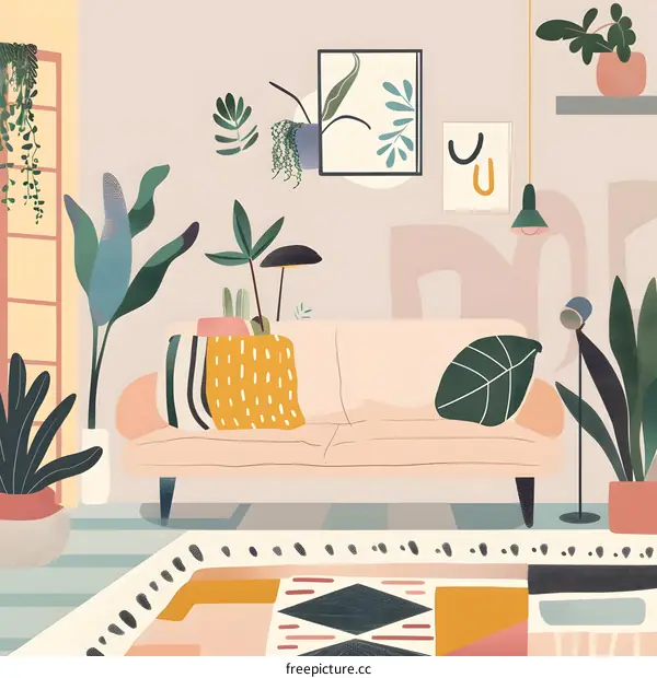 Living Room Interior Design with Sofa and Plants