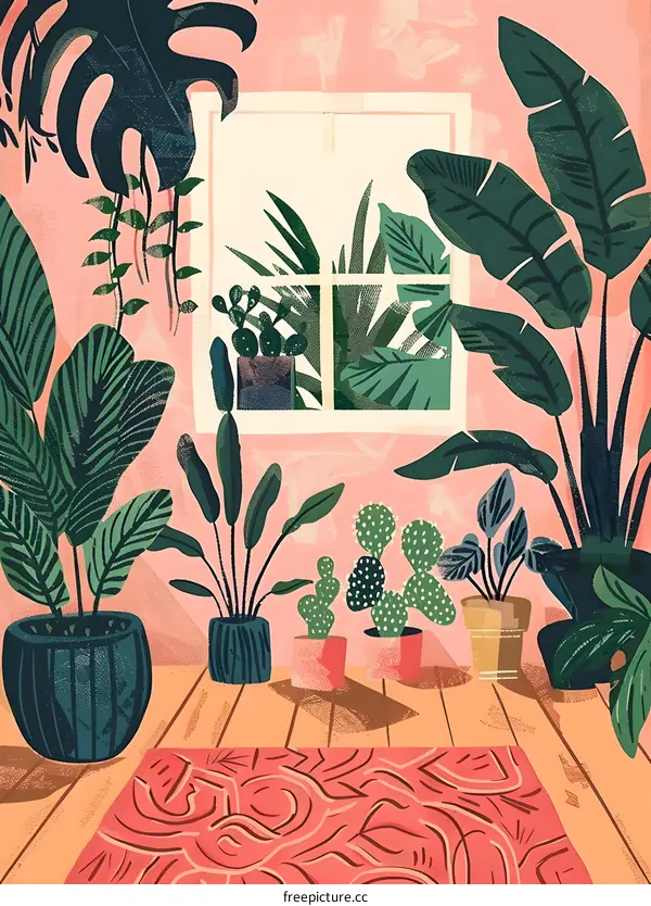Colorful Illustration of a Room with Many Plants