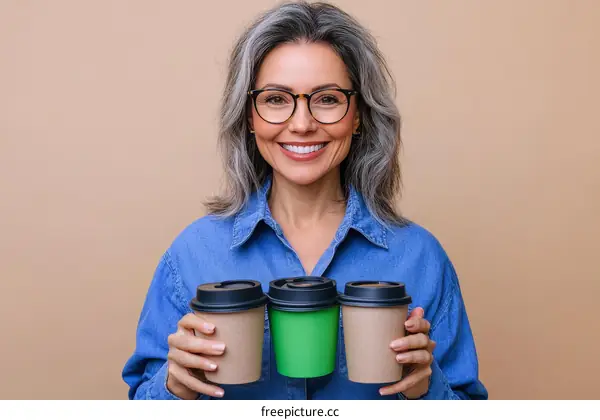 Smiling Woman Holding Coffee Cups