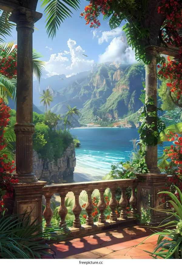 Fantasy Mountain Landscape with Sea View from Balcony