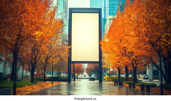 Blank Billboard in Autumn City Street with Trees and Buildings