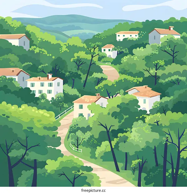 Winding Road Through Green Forest Landscape With Houses