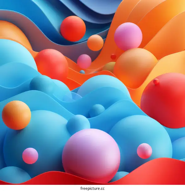3D rendering of colorful balls floating in a wavy blue and orange background