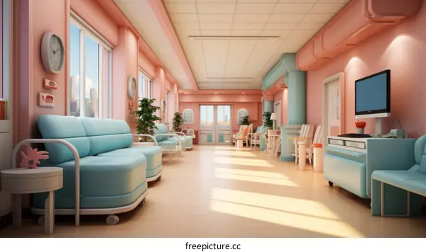 Bright Hospital Hallway with Blue and Pink Walls