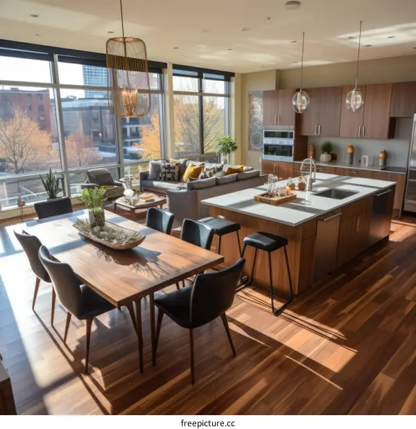 Modern apartment interior with open floor plan