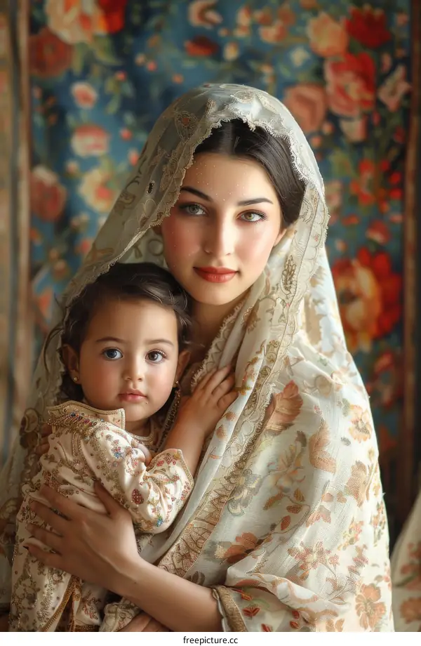 Loving Embrace of Mother and Daughter in Traditional Attire