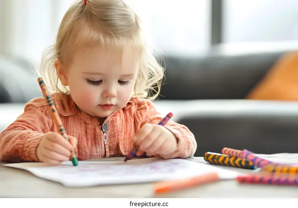 Young girl drawing with crayons on a white paper