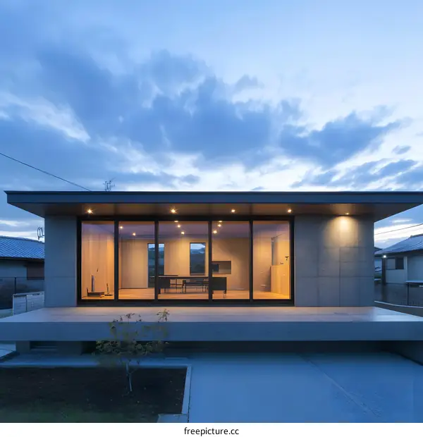 Modern Concrete House with Large Glass Windows at Dusk