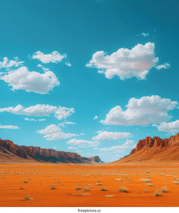 A vast desert landscape with red rock formations and mountains under blue sky with clouds