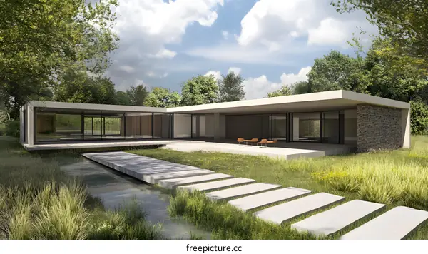 Modern House with Stone Wall and Pond