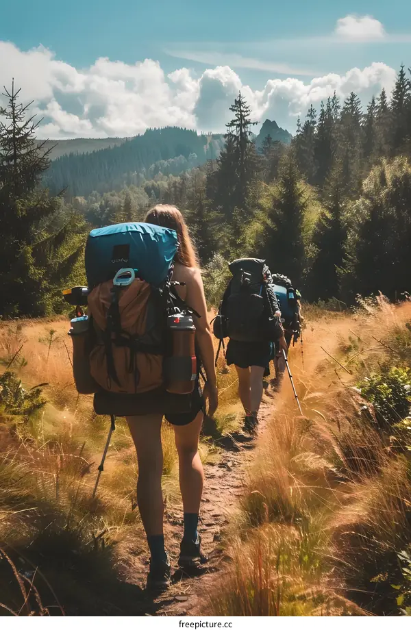 Two Hikers Walking Through Tall Grass on a Trail