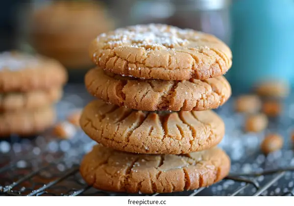 A stack of three peanut butter cookies with sugar on top