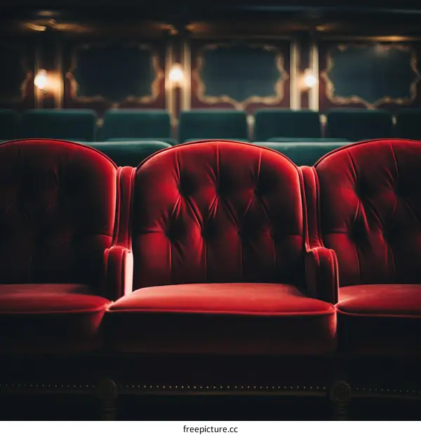 Red velvet theater seats in a row with a blurred background