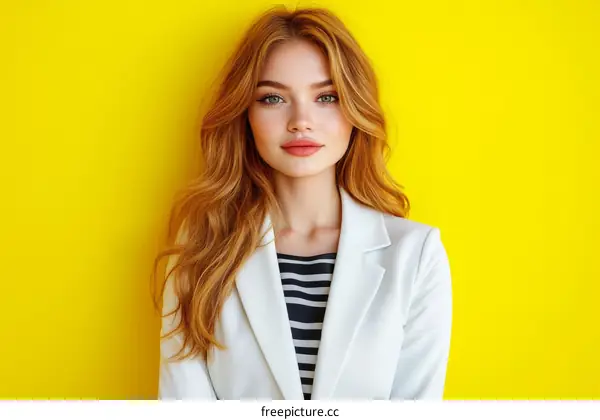Woman in White Blazer against Yellow Background