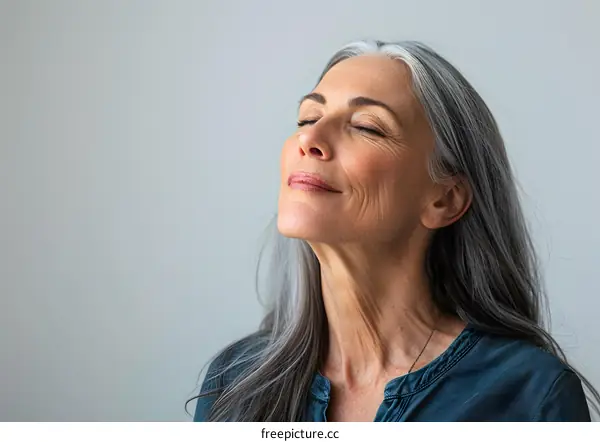 Portrait of a beautiful senior woman with grey hair and closed eyes