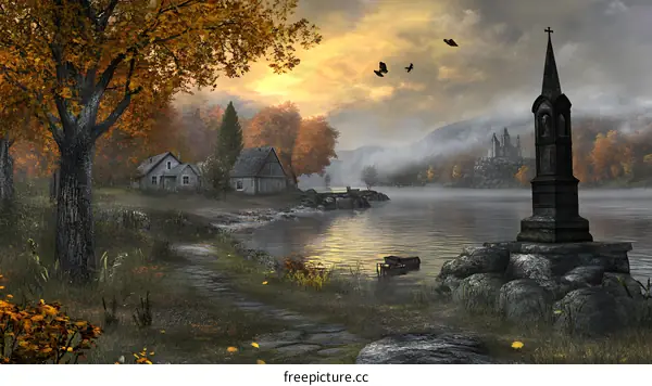 Autumn Landscape With Church and Lake