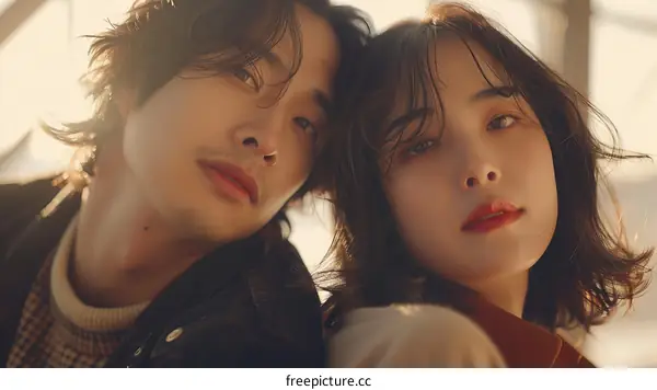 A portrait of a young man and woman with long hair