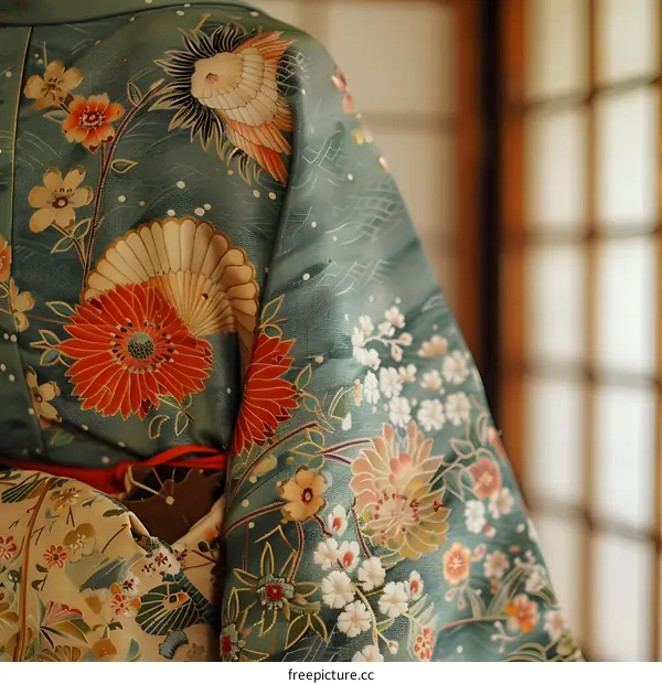A kimono with a pattern of a phoenix and flowers