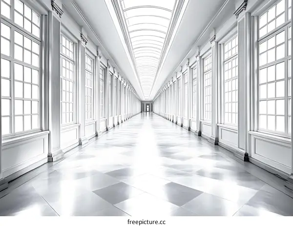 Long White Hallway with Windows and Skylight
