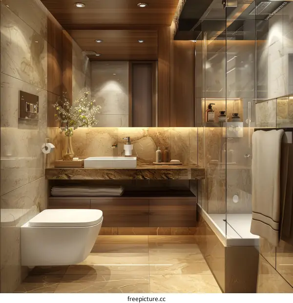 Modern Bathroom Design With Brown Wood And Marble Tiles