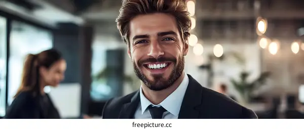 Smiling Businessman with Blurry Background