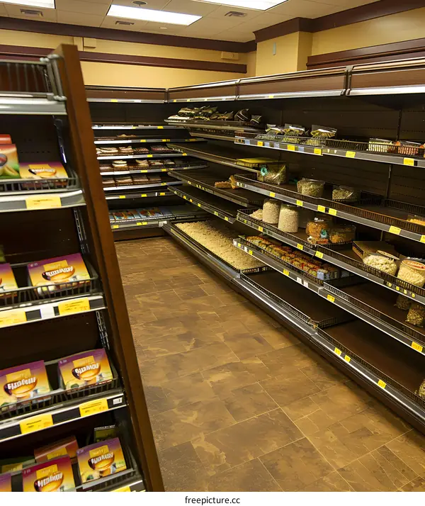 Empty Grocery Store Shelves with Dried Goods and Snacks