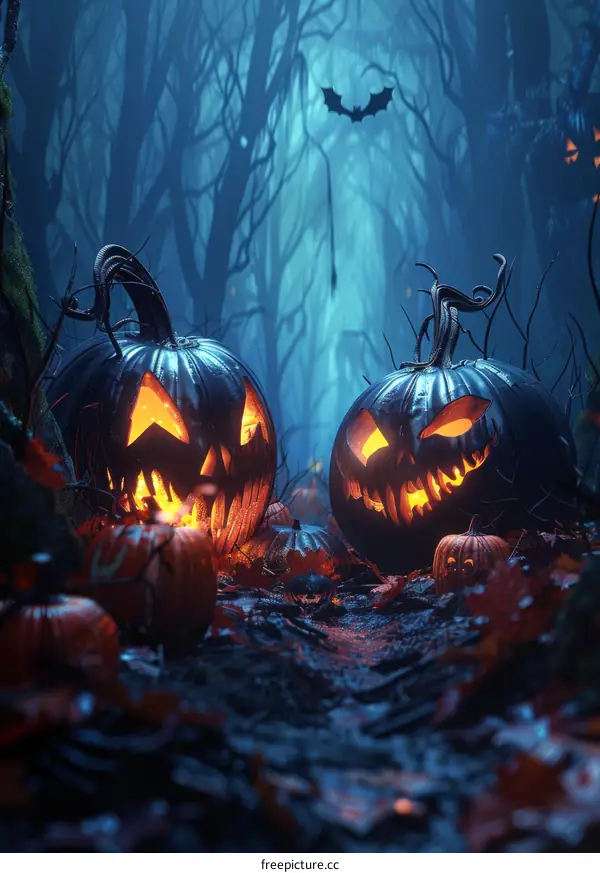 Halloween Jack-o'-lantern in Spooky Forest at Night