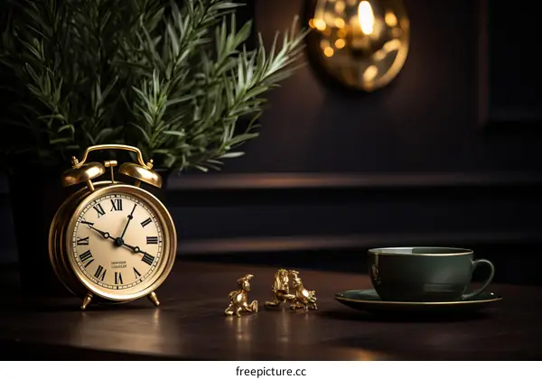 Still life with clock, figurines and teacup