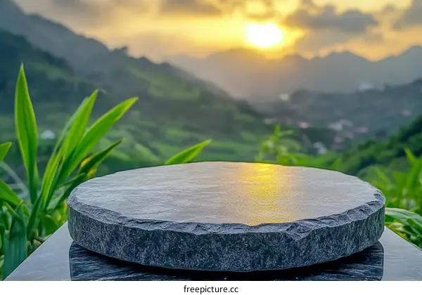 Stone Tabletop with Mountain Sunset Background