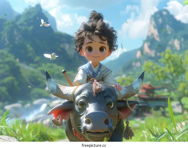 An illustration of a young boy riding a buffalo in a lush green field
