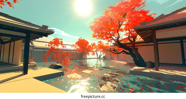 Japanese Garden With Red Maple Trees And Pond