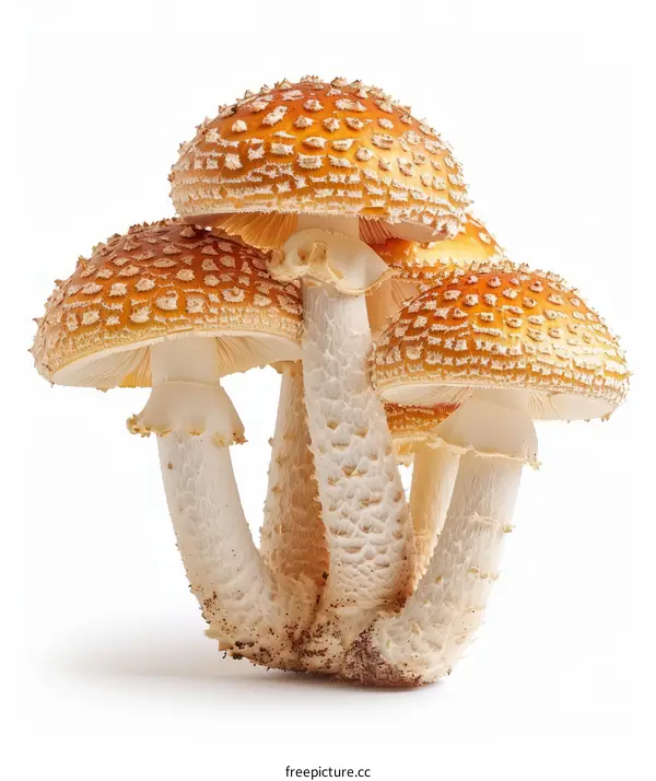 Four Orange Amanita Mushrooms with White Spores on Their Caps