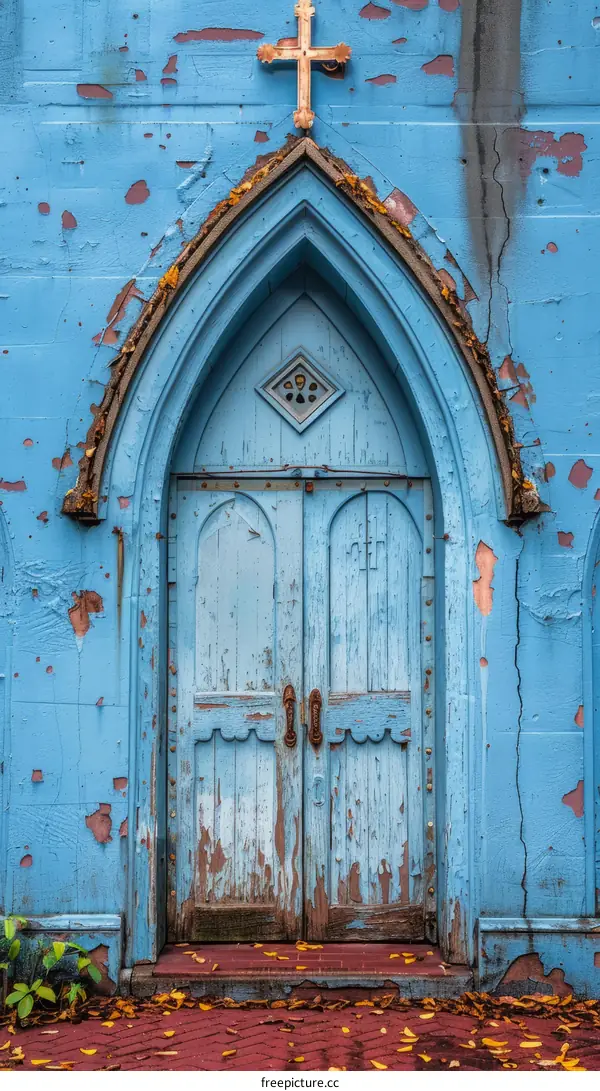 Weathered Blue Church Door with Cross