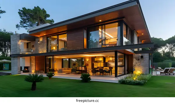 Modern Two Storey House with Large Windows and Outdoor Patio