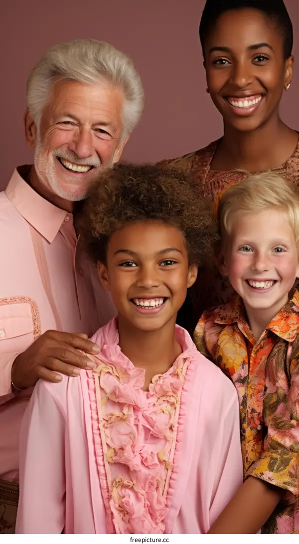 A happy multigenerational family of four posing together in a studio