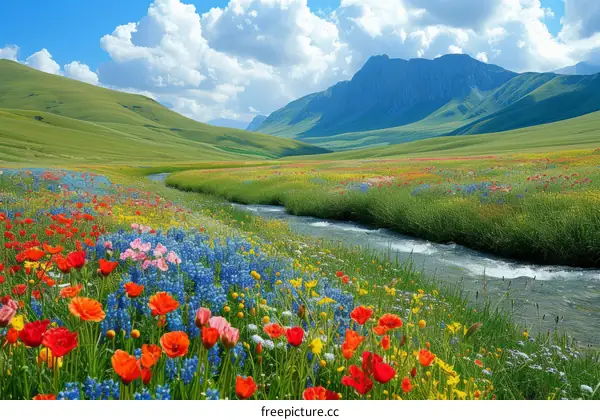 The flowers and river in the valley