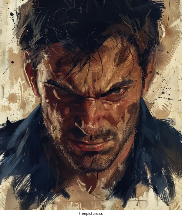 Portrait of a man with a beard and a stern expression