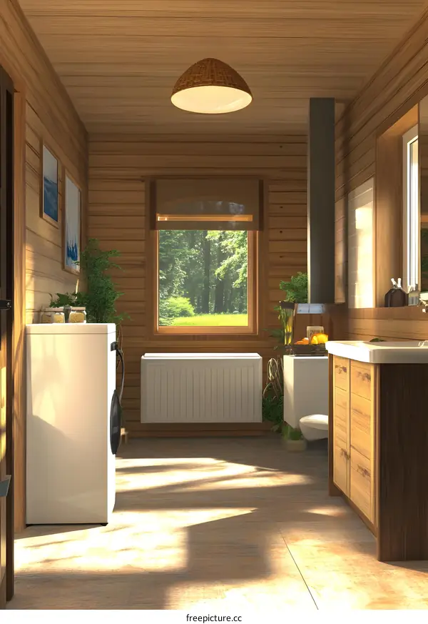 Modern Wooden Bathroom Interior Design with White Appliances and Large Window