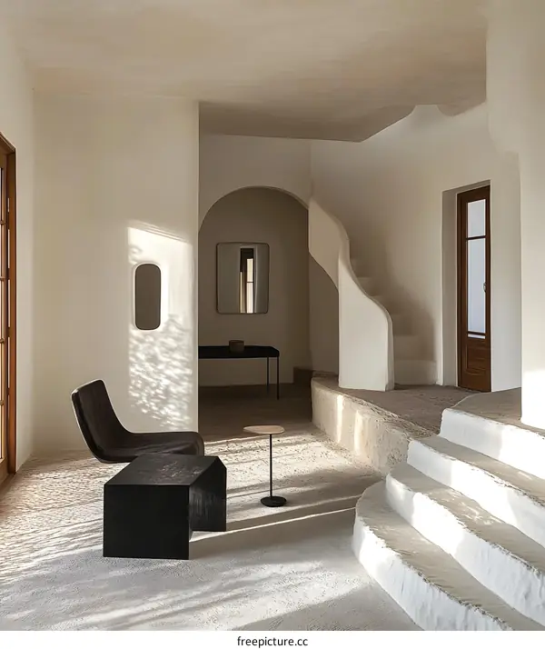 Minimalist Interior Design with Curved White Walls and Black Furniture