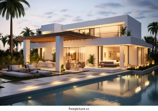 Modern house with pool and palm trees