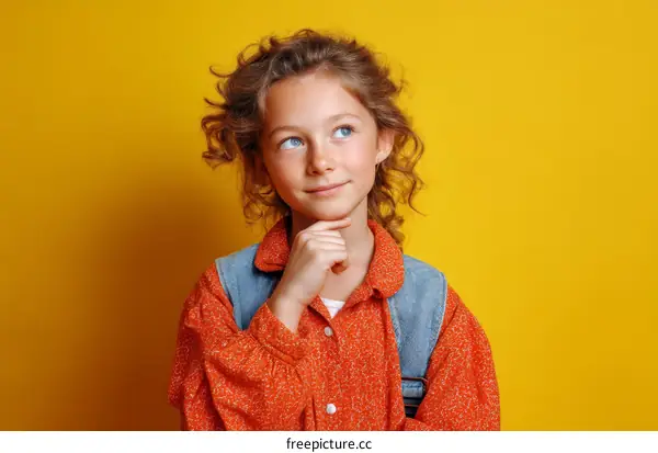 Thoughtful Girl in Orange Outfit Against Yellow Background