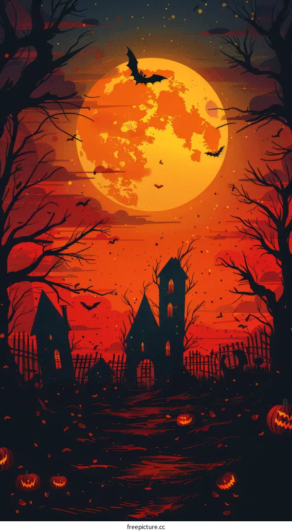 Spooky Halloween Night With Haunted House And Bats