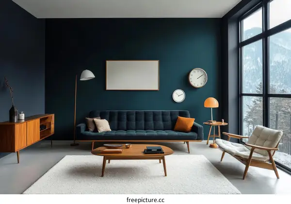 Modern Living Room with Dark Teal Walls